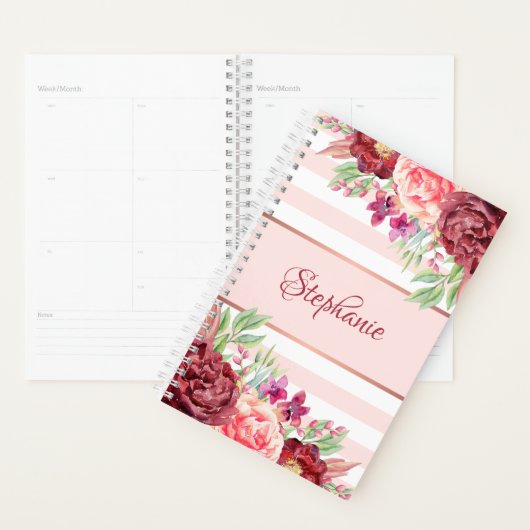 Bourgogne Bloesem Blush Roze Strepen Monogram Planner (Display)
