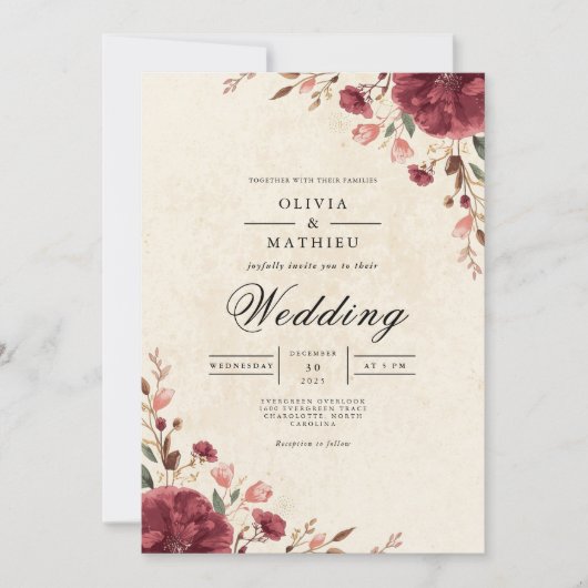 Bourgogne Bloom Romantische Boog Wedding Kaart (Voorkant)