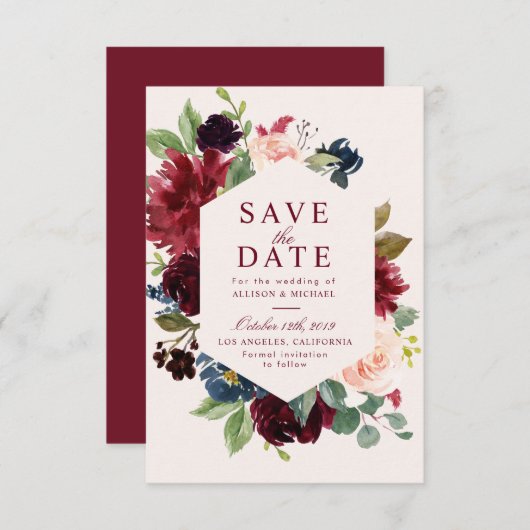 Bourgogne blos bloemensave the date kaart (Voorkant / Achterkant)