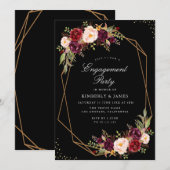 Bourgogne & blos bloesem zwart verlovingsfeest kaart (Voorkant / Achterkant)