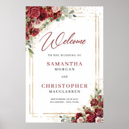 Bourgogne blozen rozen eucalyptus Bruiloft Welkom Poster