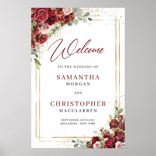 Bourgogne blozen rozen eucalyptus Bruiloft Welkom Poster (Voorkant)
