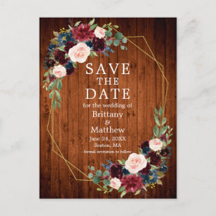 Bourgogne Blue Floral Wood Geo Lijst Save the Date Briefkaart