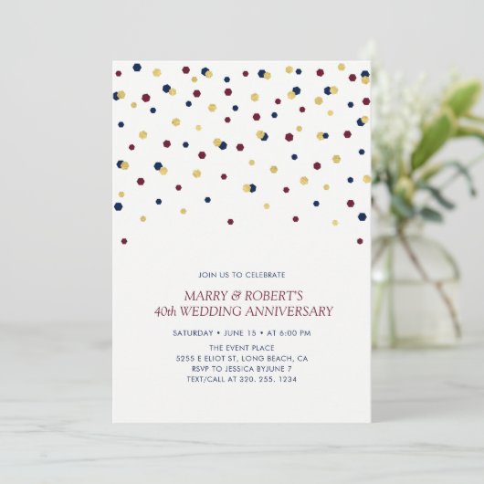 Bourgogne, Blue & Gold Confetti Wedding Jubileum Kaart (Staand voorkant)