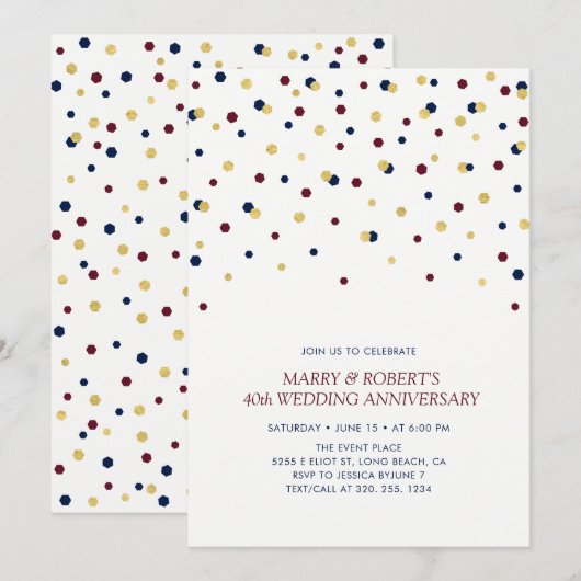 Bourgogne, Blue & Gold Confetti Wedding Jubileum Kaart (Voorkant / Achterkant)