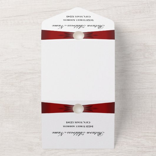 Bourgogne & Blue Pearl Lint Bruiloft & RSVP Alles All In One Uitnodiging (Buitenkant)