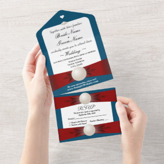 Bourgogne & Blue Pearl Lint Bruiloft & RSVP Alles All In One Uitnodiging