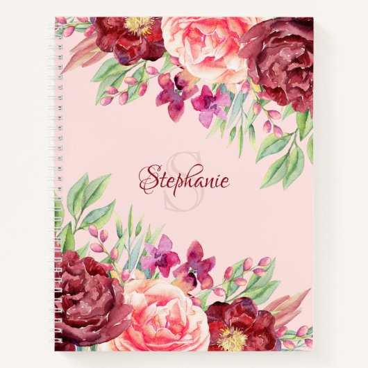 Bourgogne Blush Bloem Monogram Gepersonaliseerde n Notitieboek (Voorkant)