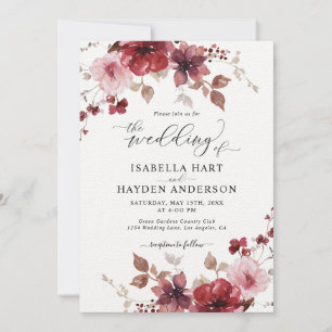 Bourgogne Blush Bloemen Alles in 1 QR Code Huwelij Kaart
