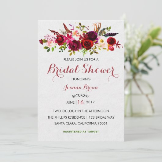 Bourgogne Blush Bloemen Bruids Douche uitnodiging (Staand voorkant)