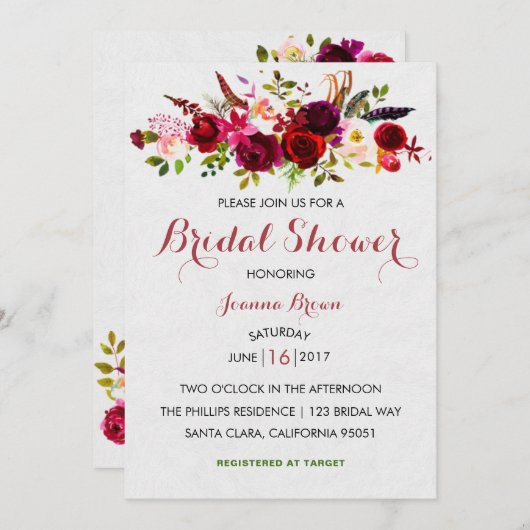 Bourgogne Blush Bloemen Bruids Douche uitnodiging (Voorkant / Achterkant)