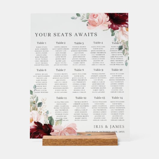 Bourgogne Blush Bloemen bruiloft zitplaatsen wacht Acryl Bord (Voorkant)