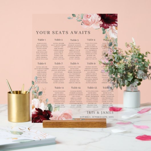 Bourgogne Blush Bloemen bruiloft zitplaatsen wacht Acryl Bord (Huwelijk)