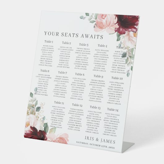 Bourgogne Blush Bloemen bruiloft zitplaatsen wacht Reclamebord Met Voetstuk (Voorkant)