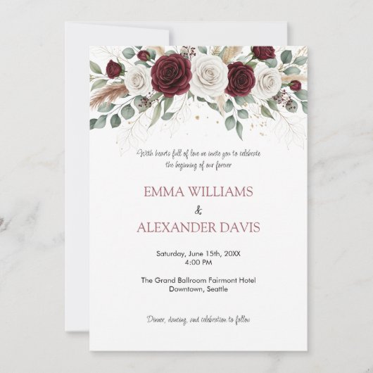 Bourgogne Blush Bloemen Foto Huwelijksuitnodiging Kaart (Voorkant)