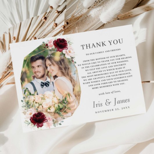 Bourgogne Blush Bloemen Geometische Fotobruiloft Bedankkaart