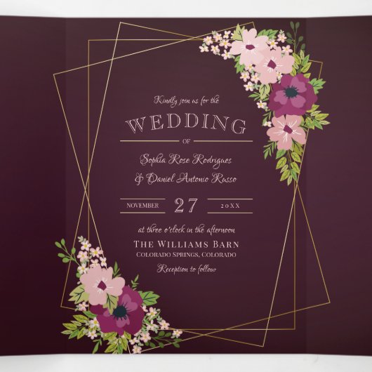 Bourgogne & Blush Bloemen Geometrische bruiloft Drieluik Uitnodiging (Binnenkant midden)