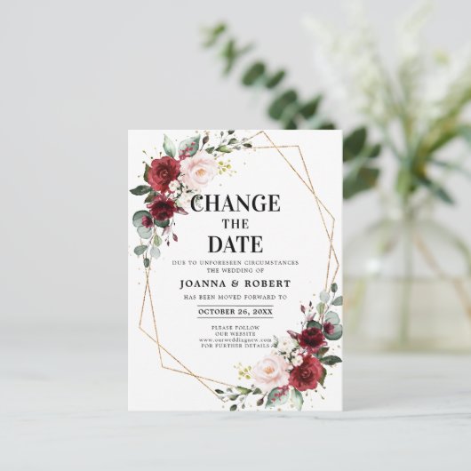 Bourgogne Blush Bloemen Geometrische Wijzig de Dat Briefkaart (Staand voorkant)