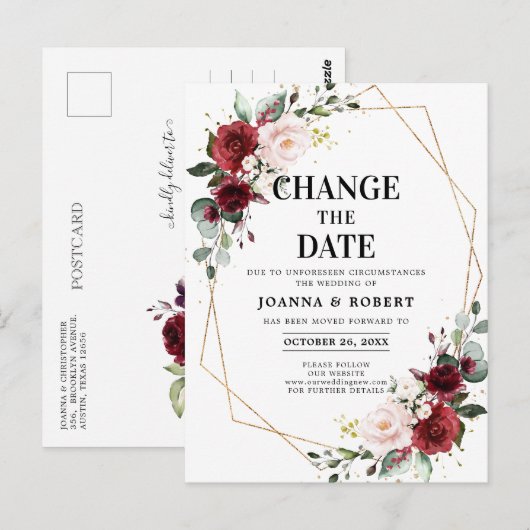 Bourgogne Blush Bloemen Geometrische Wijzig de Dat Briefkaart (Voorkant / Achterkant)