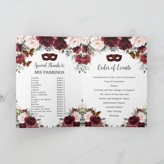 Bourgogne Blush Bloemen Goud Quinceañera Masquerad Programma (Binnen)