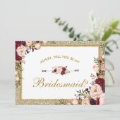 Bourgogne Blush Bloemen Gouden Glitter Bruidsmeisj Kaart (Staand voorkant)