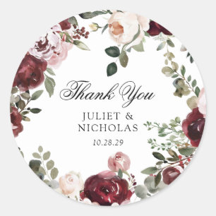 Bourgogne & Blush Bloemen Huwelijksgunst Ronde Sticker
