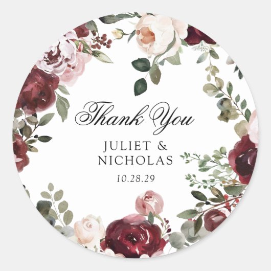 Bourgogne & Blush Bloemen Huwelijksgunst Ronde Sticker (Voorkant)