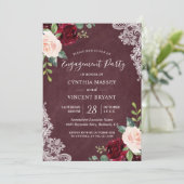 Bourgogne Blush Bloemen Kant Engagement Party Kaart (Staand voorkant)