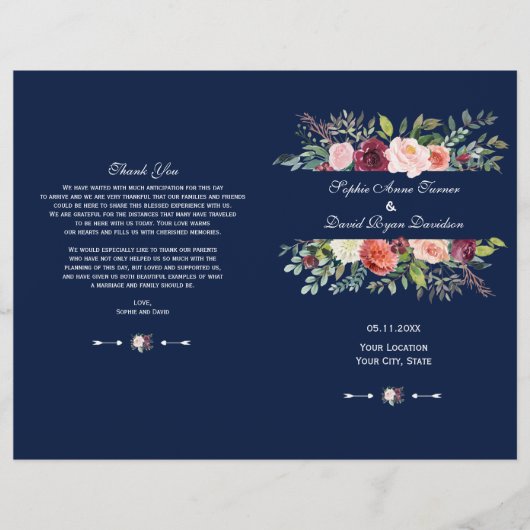 Bourgogne Blush Bloemen Lijst Donkerblauw Programm (Voorkant)