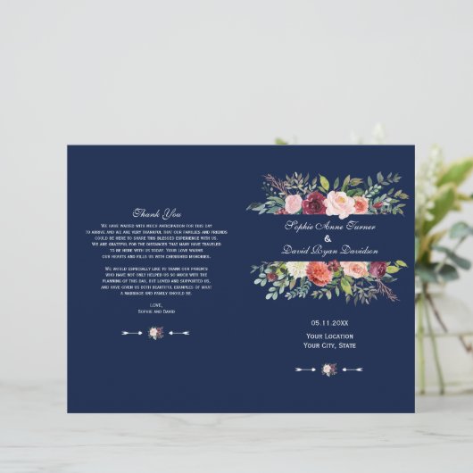 Bourgogne Blush Bloemen Lijst Donkerblauw Programm (Staand voorkant)