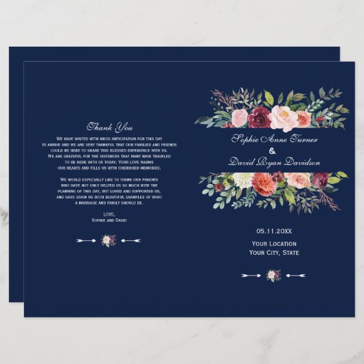 Bourgogne Blush Bloemen Lijst Donkerblauw Programm (Voorkant / Achterkant)