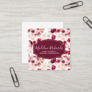 Bourgogne & Blush Bloemen met Social Media Iconen Vierkante Visitekaartje