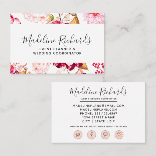 Bourgogne & Blush Bloemen met Social Media Iconen Visitekaartje (Voorkant / Achterkant)