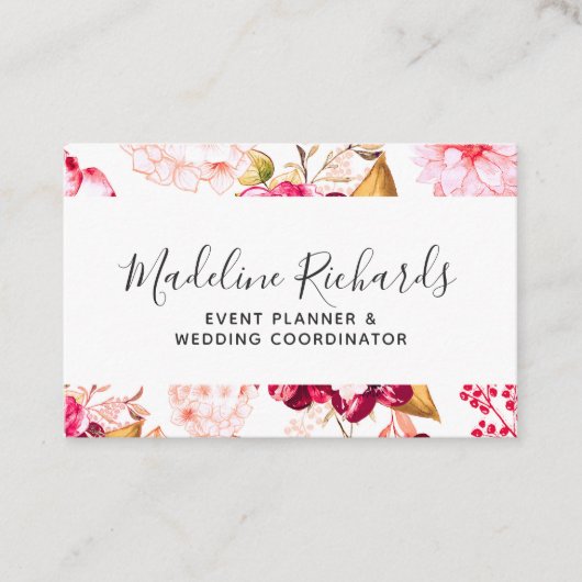 Bourgogne & Blush Bloemen met Social Media Iconen Visitekaartje (Voorkant)