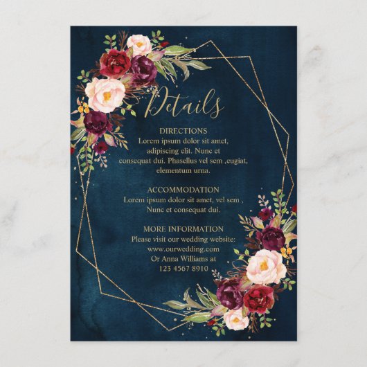 Bourgogne Blush Bloemen Moderne Geometrische Detai Informatiekaartje (Voorkant)