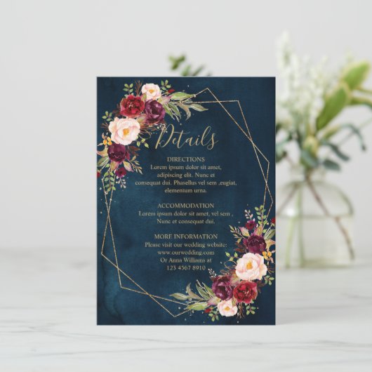 Bourgogne Blush Bloemen Moderne Geometrische Detai Informatiekaartje (Staand voorkant)