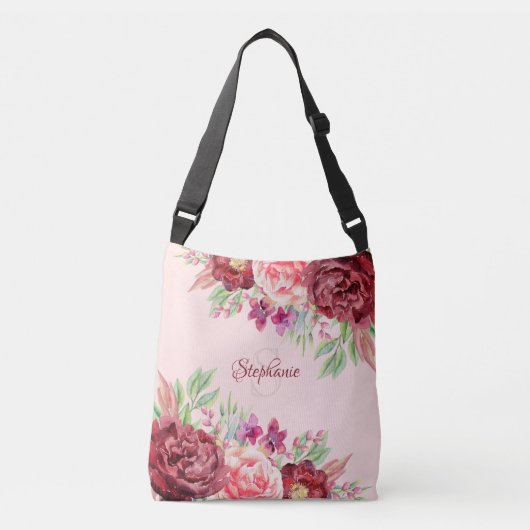 Bourgogne Blush Bloemen Monogram Crossbody Tas (Voorkant)