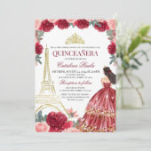 Bourgogne Blush Bloemen Quinceanera Uitnodiging, R Kaart (Staand voorkant)