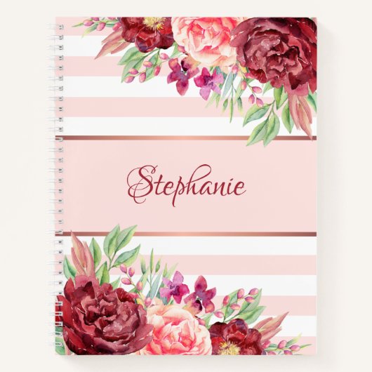 Bourgogne Blush Bloemen Roze Strepen Gepersonalise Notitieboek (Voorkant)