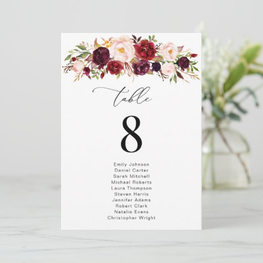 Bourgogne Blush Bloemen Tafelnummer Zitenkaart (Staand voorkant)