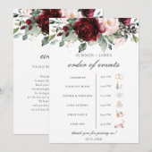 Bourgogne Blush Bloemen Wedding Orde van het Evene Programmakaart (Voorkant / Achterkant)