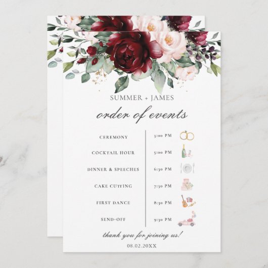 Bourgogne Blush Bloemen Wedding Orde van het Evene Programmakaart (Voorkant / Achterkant)