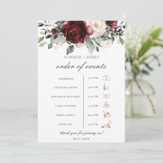 Bourgogne Blush Bloemen Wedding Orde van het Evene Programmakaart (Staand voorkant)