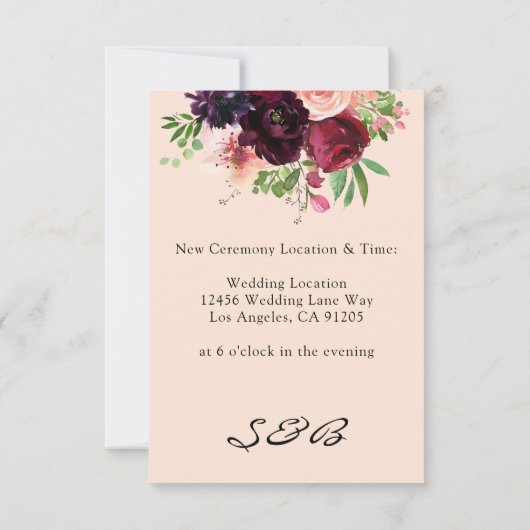 Bourgogne & Blush Bloemen Wijzig de datum Save The Date (Achterkant)