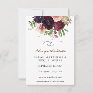 Bourgogne & Blush Bloemen Wijzig de datum Save The Date