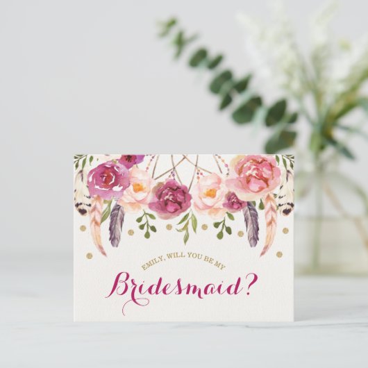 Bourgogne Blush Boho Floral Be My Bridesmaid Kaart (Staand voorkant)