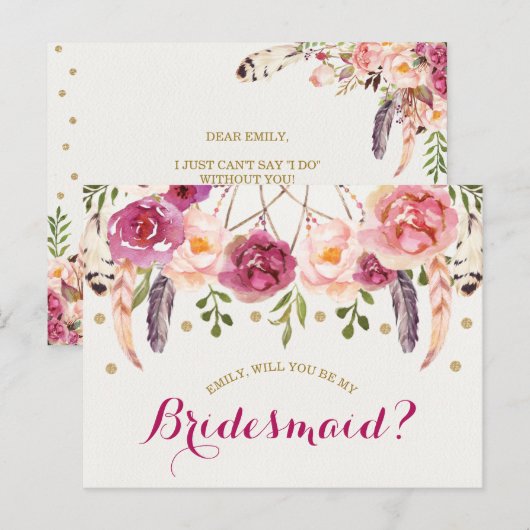 Bourgogne Blush Boho Floral Be My Bridesmaid Kaart (Voorkant / Achterkant)