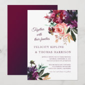 Bourgogne & Blush Boho Floral Botanische bruiloft Kaart (Voorkant / Achterkant)