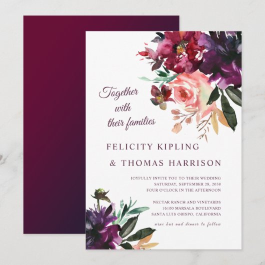 Bourgogne & Blush Boho Floral Botanische bruiloft Kaart (Voorkant / Achterkant)