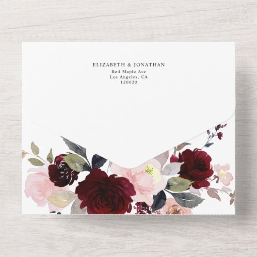 Bourgogne Blush Dusty Roos Rood Bruiloft Details R All In One Uitnodiging (Achterkant)